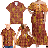 Aloha Hawaii Vintage Kahili Pa'a Lima Family Matching Off Shoulder Maxi Dress and Hawaiian Shirt Palaka Print Hilo Royal Red-Yellow