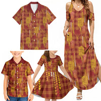 Aloha Hawaii Vintage Kahili Pa'a Lima Family Matching Summer Maxi Dress and Hawaiian Shirt Palaka Print Hilo Royal Red-Yellow