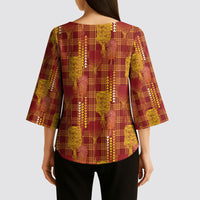 Aloha Hawaii Vintage Kahili Pa'a Lima Kimono Sleeve Blouse Palaka Print Hilo Royal Red-Yellow