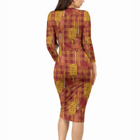 Aloha Hawaii Vintage Kahili Pa'a Lima Long Sleeve Bodycon Dress Palaka Print Hilo Royal Red-Yellow