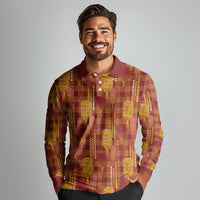 Aloha Hawaii Vintage Kahili Pa'a Lima Long Sleeve Polo Shirt Palaka Print Hilo Royal Red-Yellow