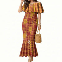 Aloha Hawaii Vintage Kahili Pa'a Lima Mermaid Dress Palaka Print Hilo Royal Red-Yellow