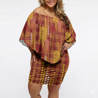 Aloha Hawaii Vintage Kahili Pa'a Lima Off Shoulder Short Dress Palaka Print Hilo Royal Red-Yellow