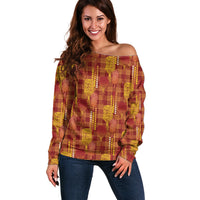 Aloha Hawaii Vintage Kahili Pa'a Lima Off Shoulder Sweater Palaka Print Hilo Royal Red-Yellow