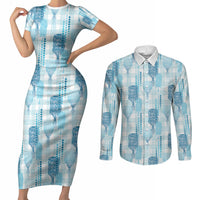 Aloha Hawaii Vintage Kahili Pa'a Lima Couples Matching Short Sleeve Bodycon Dress and Long Sleeve Button Shirt Palaka Print Oceanic Turquoise