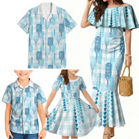 Aloha Hawaii Vintage Kahili Pa'a Lima Family Matching Mermaid Dress and Hawaiian Shirt Palaka Print Oceanic Turquoise