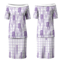 Aloha Hawaii Vintage Kahili Pa'a Lima Couples Matching Puletasi and Long Sleeve Button Shirt Palaka Print Pastel Lavender