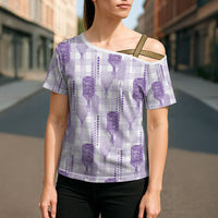 Aloha Hawaii Vintage Kahili Pa'a Lima Cross Shoulder Shirt Palaka Print Pastel Lavender