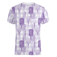 Aloha Hawaii Vintage Kahili Pa'a Lima Women V-Neck T-Shirt Palaka Print Pastel Lavender
