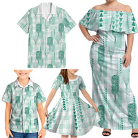 Aloha Hawaii Vintage Kahili Pa'a Lima Family Matching Off Shoulder Maxi Dress and Hawaiian Shirt Palaka Print Mossy Teal