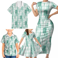 Aloha Hawaii Vintage Kahili Pa'a Lima Family Matching Short Sleeve Bodycon Dress and Hawaiian Shirt Palaka Print Mossy Teal