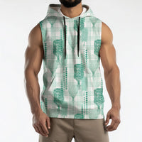 Aloha Hawaii Vintage Kahili Pa'a Lima Sleeveless Hoodie Palaka Print Mossy Teal