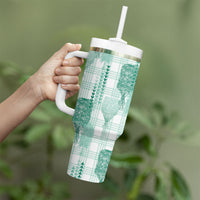 Aloha Hawaii Vintage Kahili Pa'a Lima Tumbler With Handle Palaka Print Mossy Teal