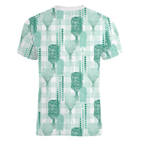 Aloha Hawaii Vintage Kahili Pa'a Lima Women V-Neck T-Shirt Palaka Print Mossy Teal