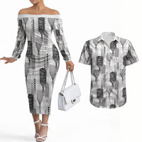 Aloha Hawaii Vintage Kahili Pa'a Lima Couples Matching Off The Shoulder Long Sleeve Dress and Hawaiian Shirt Palaka Print Hinahina