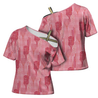 Aloha Hawaii Vintage Kahili Pa'a Lima Cross Shoulder Shirt Palaka Print Berry Pink