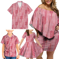 Aloha Hawaii Vintage Kahili Pa'a Lima Family Matching Off Shoulder Short Dress and Hawaiian Shirt Palaka Print Berry Pink