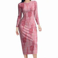 Aloha Hawaii Vintage Kahili Pa'a Lima Long Sleeve Bodycon Dress Palaka Print Berry Pink