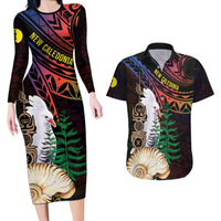 New Caledonia Kanaky Personalized Couples Matching Long Sleeve Bodycon Dress and Hawaiian Shirt Kagu Bird Emblem LT7 Black - Polynesian Pride