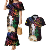 New Caledonia Kanaky Personalized Couples Matching Mermaid Dress and Hawaiian Shirt Kagu Bird Emblem LT7 Black - Polynesian Pride