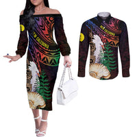 New Caledonia Kanaky Personalized Couples Matching Off The Shoulder Long Sleeve Dress and Long Sleeve Button Shirt Kagu Bird Emblem LT7 Black - Polynesian Pride