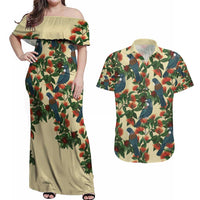 New Zealand Christmas Couples Matching Off Shoulder Maxi Dress and Hawaiian Shirt Romantic Tui Birds on Pohutukawa - Ivory LT7 Ivory - Polynesian Pride
