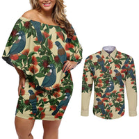 New Zealand Christmas Couples Matching Off Shoulder Short Dress and Long Sleeve Button Shirt Romantic Tui Birds on Pohutukawa - Ivory LT7 Ivory - Polynesian Pride
