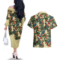 New Zealand Christmas Couples Matching Off The Shoulder Long Sleeve Dress and Hawaiian Shirt Romantic Tui Birds on Pohutukawa - Ivory LT7 - Polynesian Pride