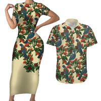 New Zealand Christmas Couples Matching Short Sleeve Bodycon Dress and Hawaiian Shirt Romantic Tui Birds on Pohutukawa - Ivory LT7 Ivory - Polynesian Pride