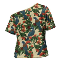 New Zealand Christmas Cross Shoulder Shirt Romantic Tui Birds on Pohutukawa - Ivory LT7 - Polynesian Pride