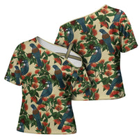 New Zealand Christmas Cross Shoulder Shirt Romantic Tui Birds on Pohutukawa - Ivory LT7 - Polynesian Pride