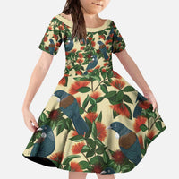 New Zealand Christmas Family Matching Off The Shoulder Long Sleeve Dress and Hawaiian Shirt Romantic Tui Birds on Pohutukawa - Ivory LT7 Daughter's Dress Ivory - Polynesian Pride