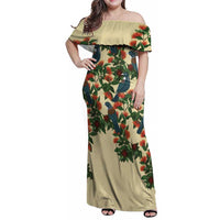 New Zealand Christmas Family Matching Off Shoulder Maxi Dress and Hawaiian Shirt Romantic Tui Birds on Pohutukawa - Ivory LT7 Mom's Dress Ivory - Polynesian Pride