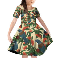 New Zealand Christmas Family Matching Off Shoulder Short Dress and Hawaiian Shirt Romantic Tui Birds on Pohutukawa - Ivory LT7 Daughter's Dress Ivory - Polynesian Pride