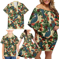 New Zealand Christmas Family Matching Off Shoulder Short Dress and Hawaiian Shirt Romantic Tui Birds on Pohutukawa - Ivory LT7 - Polynesian Pride