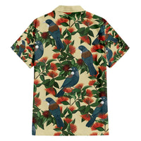 New Zealand Christmas Family Matching Short Sleeve Bodycon Dress and Hawaiian Shirt Romantic Tui Birds on Pohutukawa - Ivory LT7 - Polynesian Pride