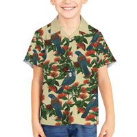 New Zealand Christmas Family Matching Short Sleeve Bodycon Dress and Hawaiian Shirt Romantic Tui Birds on Pohutukawa - Ivory LT7 Son's Shirt Ivory - Polynesian Pride