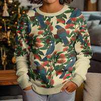 New Zealand Christmas Kid Ugly Christmas Sweater Romantic Tui Birds on Pohutukawa - Ivory LT7 - Polynesian Pride