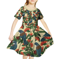 New Zealand Christmas Kid Short Sleeve Dress Romantic Tui Birds on Pohutukawa - Ivory LT7 - Polynesian Pride