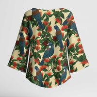 New Zealand Christmas Kimono Sleeve Blouse Romantic Tui Birds on Pohutukawa - Ivory LT7 - Polynesian Pride