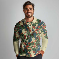 New Zealand Christmas Long Sleeve Polo Shirt Romantic Tui Birds on Pohutukawa - Ivory LT7 - Polynesian Pride