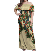 New Zealand Christmas Off Shoulder Maxi Dress Romantic Tui Birds on Pohutukawa - Ivory LT7 Women Ivory - Polynesian Pride