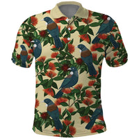 New Zealand Christmas Polo Shirt Romantic Tui Birds on Pohutukawa - Ivory LT7 Ivory - Polynesian Pride