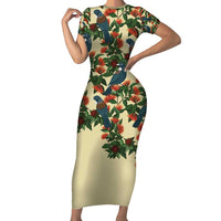 New Zealand Christmas Short Sleeve Bodycon Dress Romantic Tui Birds on Pohutukawa - Ivory LT7 Long Dress Ivory - Polynesian Pride