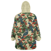 New Zealand Christmas Wearable Blanket Hoodie Romantic Tui Birds on Pohutukawa - Ivory LT7 - Polynesian Pride