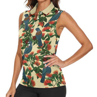 New Zealand Christmas Women Sleeveless Polo Shirt Romantic Tui Birds on Pohutukawa - Ivory LT7 - Polynesian Pride