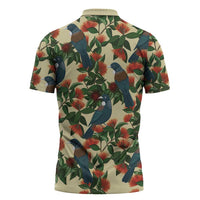 New Zealand Christmas Zipper Polo Shirt Romantic Tui Birds on Pohutukawa - Ivory LT7 - Polynesian Pride