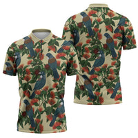 New Zealand Christmas Zipper Polo Shirt Romantic Tui Birds on Pohutukawa - Ivory LT7 - Polynesian Pride