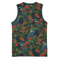 New Zealand Christmas Basketball Jersey Romantic Tui Birds on Pohutukawa - Cobalt LT7 - Polynesian Pride