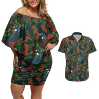 New Zealand Christmas Couples Matching Off Shoulder Short Dress and Hawaiian Shirt Romantic Tui Birds on Pohutukawa - Cobalt LT7 Cobalt - Polynesian Pride